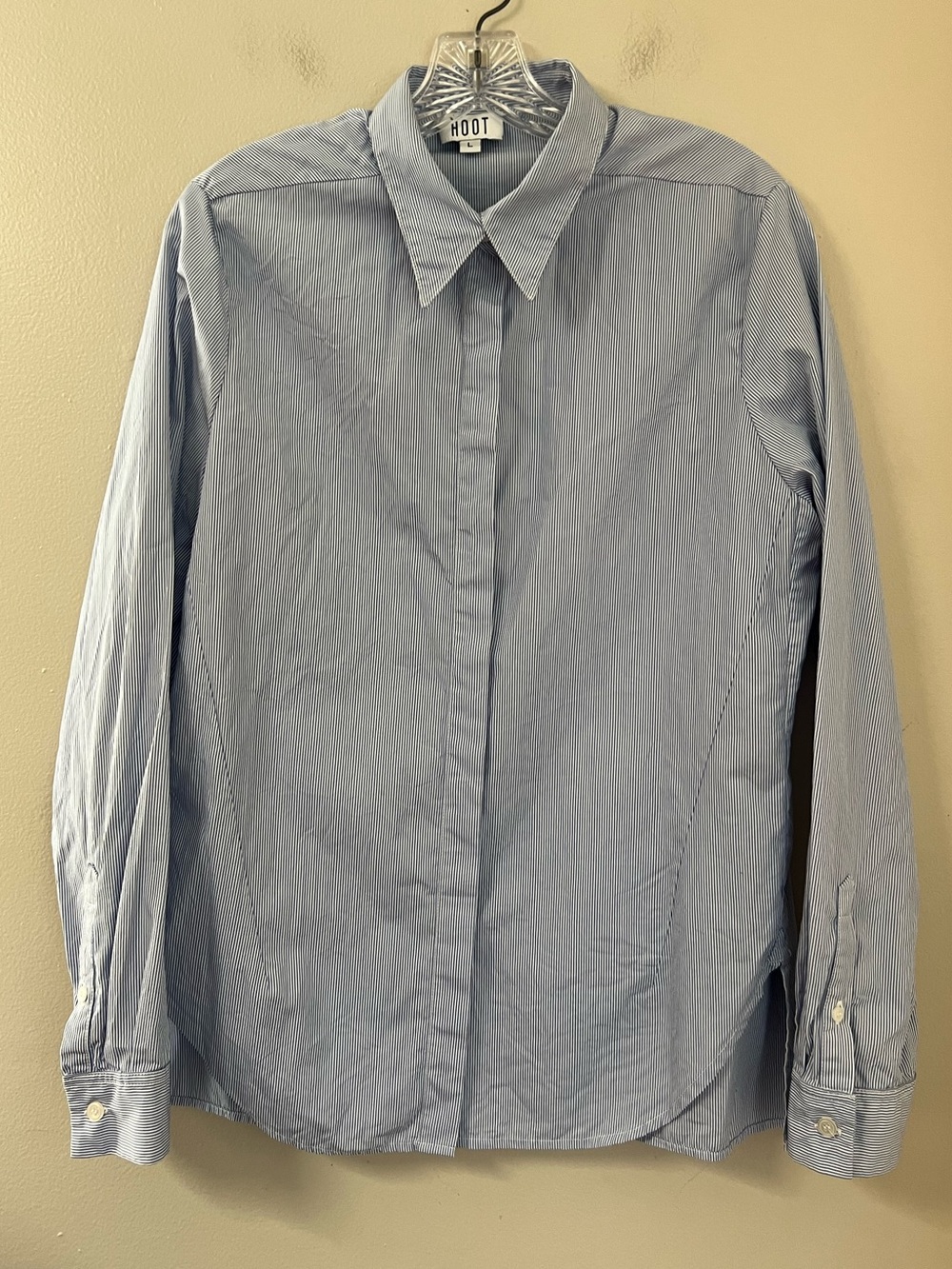 Hoot Made In NYC Oxford Shirt Women’s L Button Up Blue Pinstriped Preppy Cotton